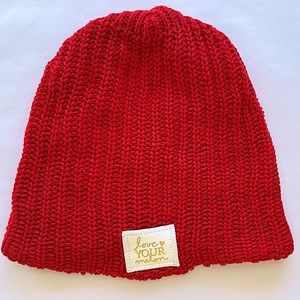 Limited Edition Love Your Melon Red Knit Beanie Tuque with White & Gold Patch
